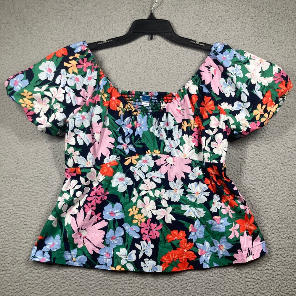 Old Navy Trapeze Top Womens Large Navy Black Floral Smocked Puff Sleeve Blouse